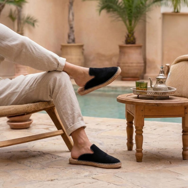 Men's Black Suede Espadrille Mules | Handmade Leather Backless Loafers | Jute Sole Slip-On Shoes | Summer Casual Style image 3