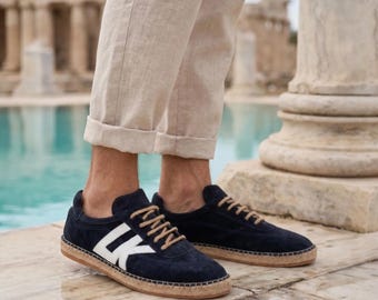 Mens Suede Espadrille Sneaker | Navy Jute Sole Summer Shoe | Riviera Smart Casual Footwear | Breathable Lace-Up