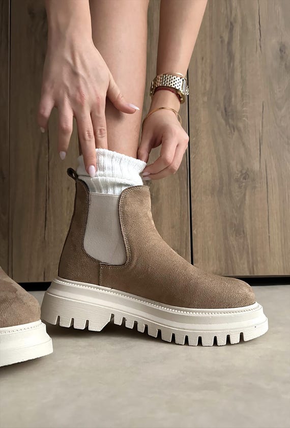 Women Suede Chelsea Boots – Chunky Lug Sole, Handmade Pull-on