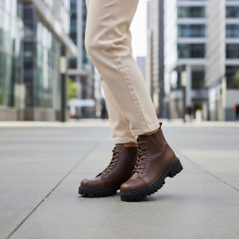 K&ouml;nnte beinhalten: Braune Leder-Ankle Boots mit Schn&uuml;rung und dicker schwarzer Sohle. Die Stiefel werden mit beigefarbenen Hosen getragen. Die Stiefel haben einen klassischen, robusten Stil, der f&uuml;r verschiedene Anl&auml;sse geeignet ist.
