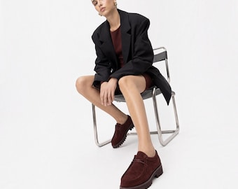 Burgundy Suede Chunky Loafers for Women, Genuine Leather Lace Up Oxford Shoes, Dark Academia Platform Flats, Fall Winter Footwear