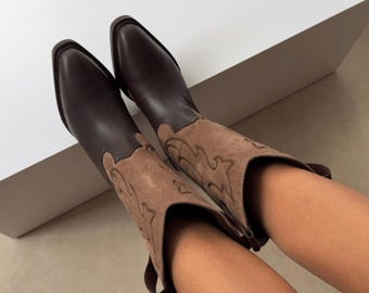 Western Cowboy Boots Women Burgundy | Quilted Chunky Heel Boots | Retro Pull On Boots | Edgy Festival Fashion Gift