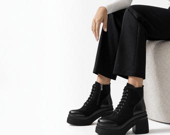 Black Platform Boots Chunky Heel Booties Lace Up Ankle Boots Vegan Leather Combat Boots Y2K Gothic Shoes Warm Winter Booties for Women