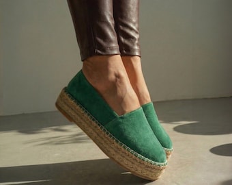 Sapatilhas espadrille de camurça verde | Sapatos plataforma femininos de couro legítimo | Calçado de verão/primavera com sola de juta