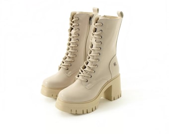 Crèmekleurige laarzen met dikke hak, platformlaarsjes met vetersluiting, veganistische leren winterlaarzen voor dames, combatlaarzen met verstelbare schacht, beige laarzen met ritssluiting