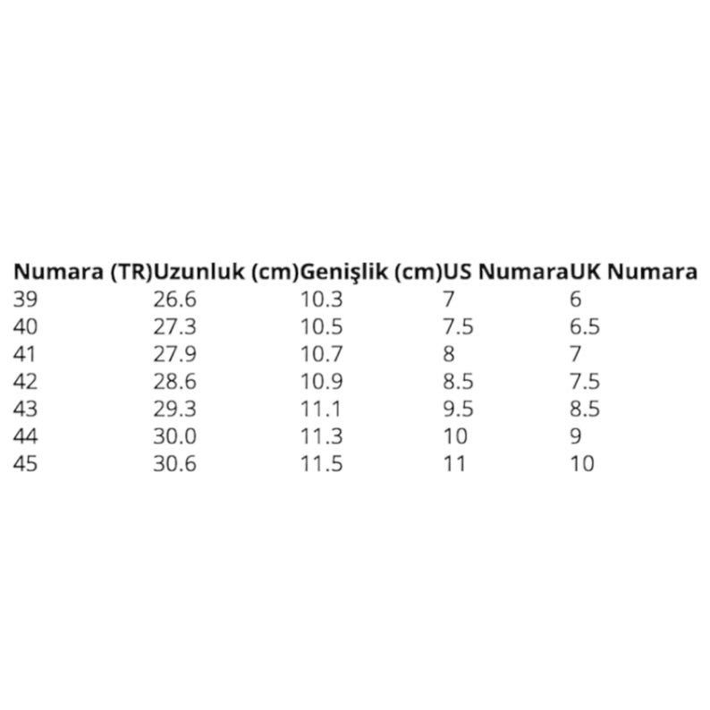 May include: A white chart with black text detailing shoe sizes. The chart includes Turkish, US, and UK sizes, along with measurements in centimetres for length and width. Sizes range from 39 to 45.