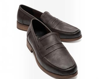 Handmade Mens Vegan Loafers Dark Brown Faux Nubuck Slip On Dress Shoes Leather Sole Moccasins Classic Penny Loafer for Groom or Office
