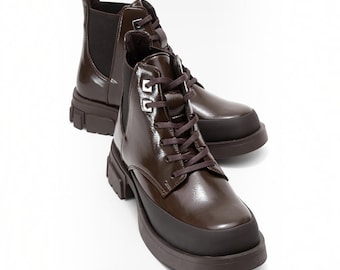 Brown Patent Leather Combat Boots for Women, Warm Lined Chunky Chelsea Booties, Edgy Dark Academia Winter Footwear, Vegan Lace Up Boots