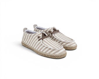 Beige gestreepte herenespadrilles, natuurlijke jute zomerschoenen, ademende canvas instappers, vrijetijdsschoenen voor heren