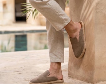 Men's Suede Espadrille Mule | Handmade Slip On Leather Shoe | Taupe Summer Resort Sandal | Casual Flat Men's Gift