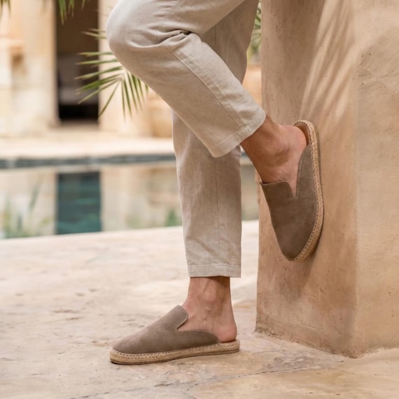 Men's Suede Espadrille Mule | Handmade Slip On Leather Shoe | Taupe Summer Resort Sandal | Casual Flat Men's Gift