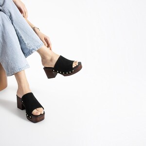 Black Faux Suede Platform Mules for Women, Chunky Heel Clogs, 70s Retro Studded Shoes, Comfortable Slip On Heels, Vegan Leather Sandals