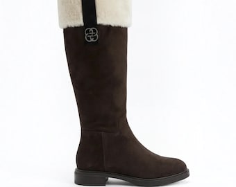 Handmade Brown Suede Knee High Boots, Faux Fur Trim Winter Boots for Women, Warm Lined Tall Boots, Low Heel Comfortable Everyday Shoes