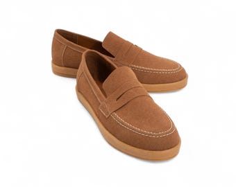 Men’s Suede Loafer Espadrilles, Handmade Leather Slip On Shoes, Tan Brown Penny Loafers, Casual Summer Shoes, Gift for Him, Soft Sole