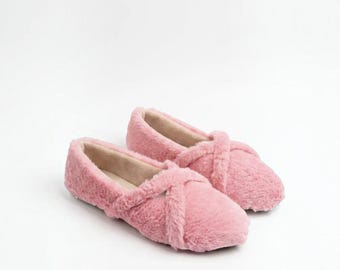 Pink Fluffy Slippers for Women Cozy Indoor Ballet Flats Warm Plush House Shoes Cross Strap Bedroom Slippers WFH Gift for Her