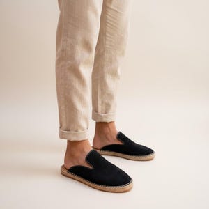Men's Black Suede Espadrille Mules | Handmade Leather Backless Loafers | Jute Sole Slip-On Shoes | Summer Casual Style