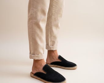 Alpargatas de ante negro para hombre / Mocasines de cuero hechos a mano / Zapatos sin cordones con suela de yute / Estilo casual de verano