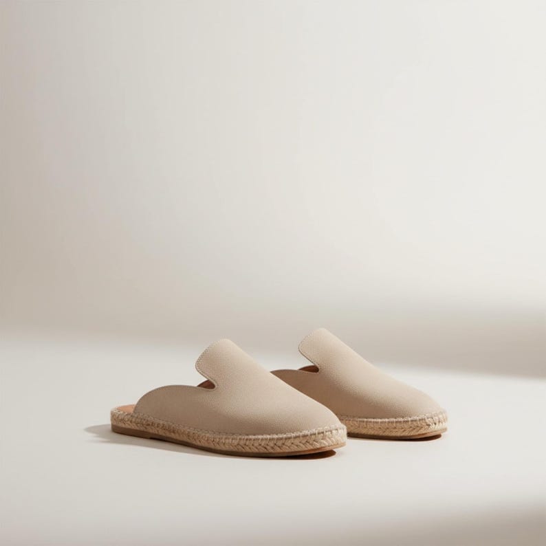 Men's Suede Espadrille Mule | Handmade Beige Slip On Loafer | Rubber Sole Summer Slipper image 7