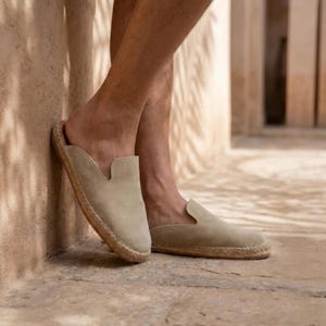 Men's Suede Espadrille Mule | Handmade Beige Slip On Loafer | Rubber Sole Summer Slipper image 1