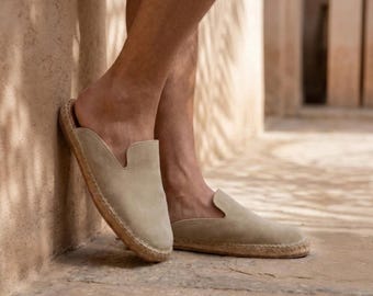 Men's Suede Espadrille Mule | Handmade Beige Slip On Loafer | Rubber Sole Summer Slipper
