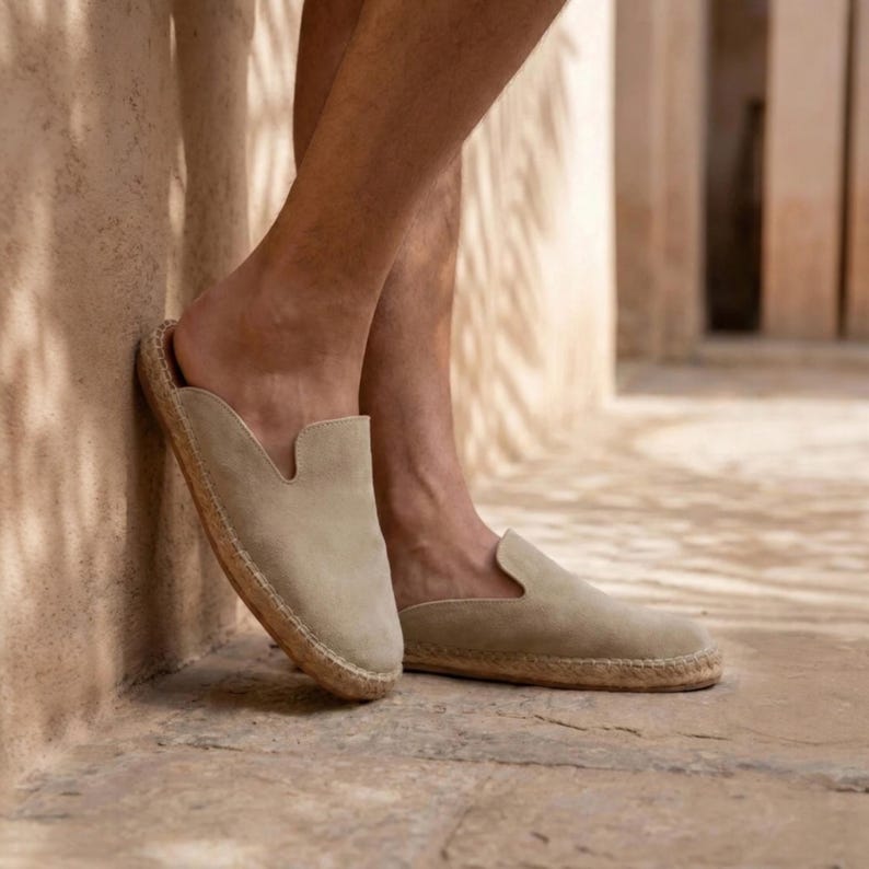 Men's Suede Espadrille Mule | Handmade Beige Slip On Loafer | Rubber Sole Summer Slipper image 1