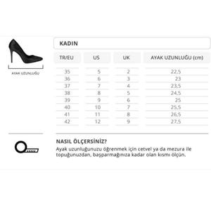 May include: A chart with shoe size conversions for women. The chart includes TR/EU, US, UK, and foot length in centimeters. The chart shows sizes from 35 to 42, with corresponding US and UK sizes.
