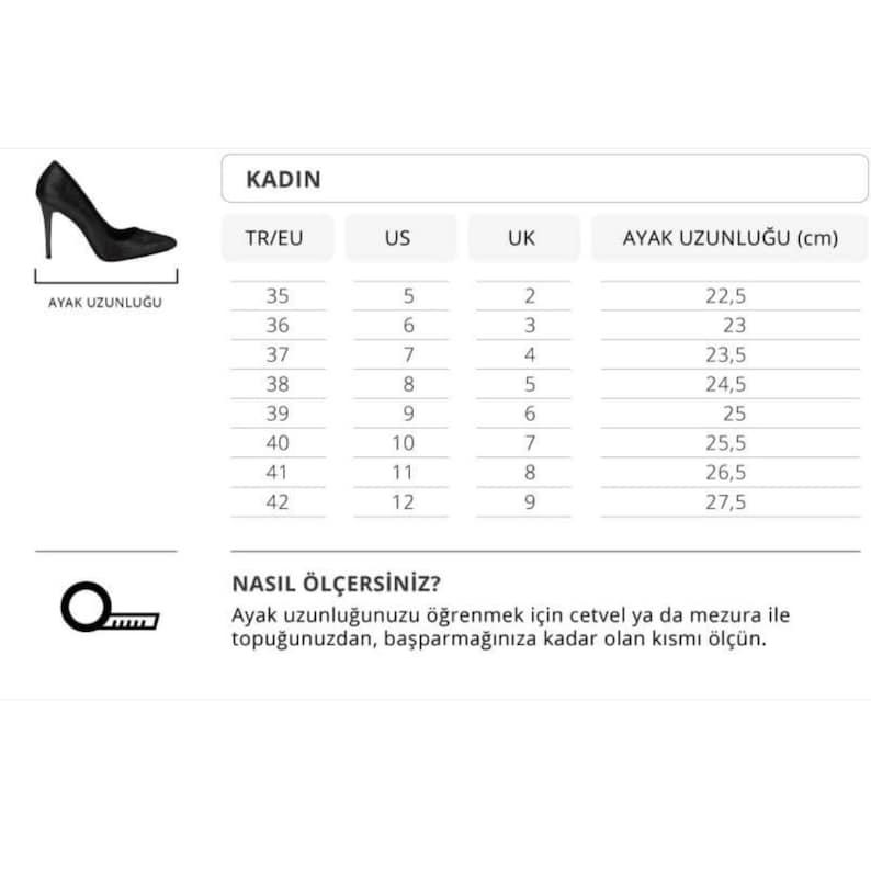 May include: A chart with shoe size conversions for women. The chart includes TR/EU, US, UK, and foot length in centimeters. The chart shows sizes from 35 to 42, with corresponding US and UK sizes.