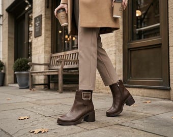 Brown Ankle Boots for Women, Chunky Heel Vegan Leather Booties with Buckle, Warm Lined Winter Footwear, Everyday Dark Academia Shoes