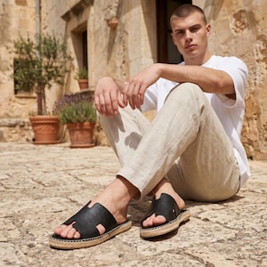 Handmade Men's Black Leather Slides | Genuine Grain Leather Espadrille Sandals | Bohemian Summer Beach Shoes | Breathable Slip On Mules
