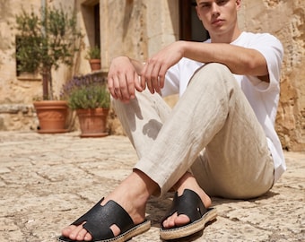 Handmade Men's Black Leather Slides | Genuine Grain Leather Espadrille Sandals | Bohemian Summer Beach Shoes | Breathable Slip On Mules