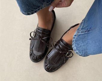 Women's Faux Leather Loafers, Vintage Style Dark Academia Flats, Vegan Brown Moccasin Shoes, Ruched Fringe Slip On, Bow Tie Ballet Flats