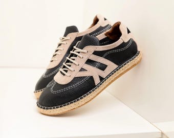 Alpargatas de piel negra para hombre / Zapatos de verano de ante con cordones / Suela de yute auténtico / Calzado informal hecho a mano