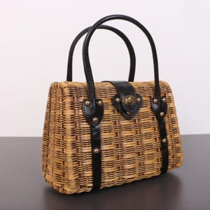 Handmade Rattan Bag with Black Leather | Vintage Inspired Wicker Handbag | Elegant Boho Purse | Natural Straw Top Handle Bag for Women