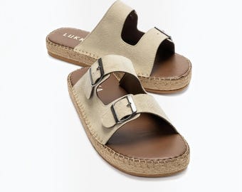 Herensandalen van suède en kurk | Zomerslippers met dubbele gesp | Lichtgewicht espadrilles | Casual schoenen voor binnen en buiten
