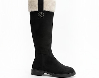 Black Suede Knee High Boots with Faux Fur, Warm Lined Winter Tall Boots for Women, Low Heel Handmade Apres Ski Footwear, Wide Calf Friendly
