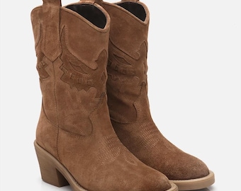 Handmade Women Suede Cowboy Boots Brown Leather Western Ankle Boots Block Heel Comfortable Fall Winter Shoes Gift for Her