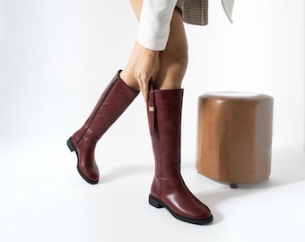 Burgundy Wide Calf Knee High Boots for Women, Vegan Leather Winter Boots with Warm Lining, Dark Red Low Heel Riding Boot, Fall Footwear