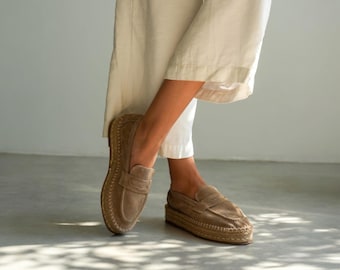 Mocassini espadrillas in pelle scamosciata beige / Scarpe basse slip-on da donna in vera pelle / Scarpe estive casual con suola in iuta / Tacco 3 cm