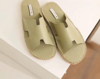 Avocado Green Leather Sandals Men | Jute Sole Espadrilles | Handmade Grained Leather Slides | Boho Summer Mules | Mediterranean Style Shoes