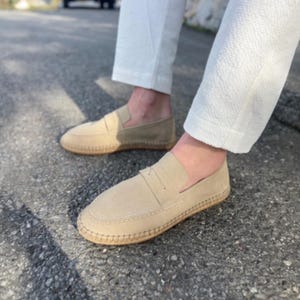 Men’s Suede Loafer Espadrilles, Handmade Leather Slip On Shoes, Tan Brown Penny Loafers, Casual Summer Shoes, Gift for Him, Soft Sole