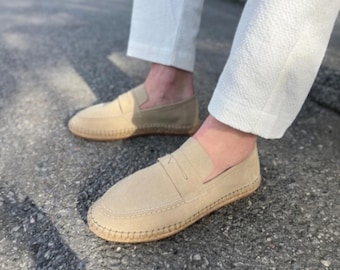 Alpargatas de ante para hombre, zapatos sin cordones de cuero hechos a mano, mocasines color marrón tostado, zapatos casuales de verano, regalo para él, suela blanda