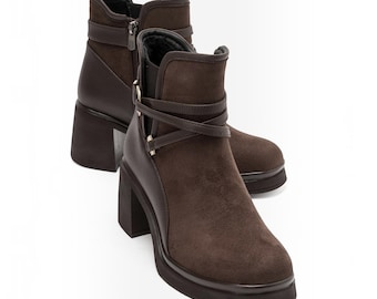 Brown Chunky Heel Ankle Boots for Women, Vegan Suede Block Heel Booties, Dark Academia Shoes, Warm Lined Platform Winter Boots Y2K