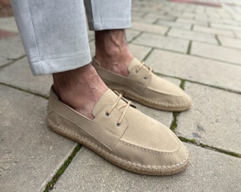 Handmade Men's Summer Espadrilles – Lace-Up Faux Suede Loafers – Lightweight Casual Shoes – Breathable Slip Ons for Beach & Travel