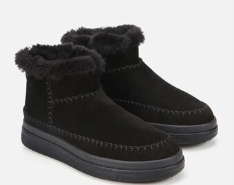 Black Shearling Ankle Boots Women – Turkish Handmade Chunky Platform – Minimalist Suede Winter Booties – Non-Slip Sole