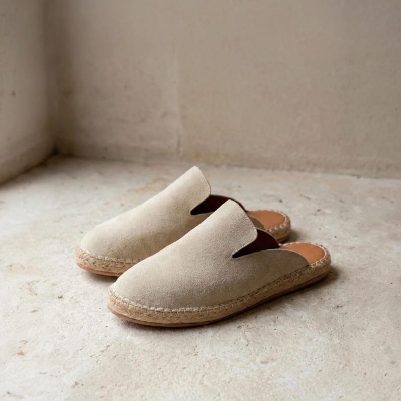 Men's Suede Espadrille Mule | Handmade Beige Slip On Loafer | Rubber Sole Summer Slipper image 5