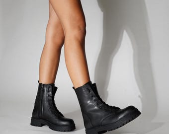 Black Combat Boots for Women, Chunky Sole Vegan Leather Biker Boots, Warm Lined Winter Moto Shoes, Handmade Zip Up Gothic Ankle Booties