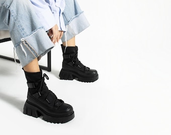 Chunky Platform Boots Women, Black Combat Boots, Gothic Ankle Booties, Stretch Sock Boots, Thick Sole Vegan Leather Y2K Winter Shoes