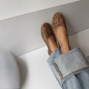 Woven Ballet Flats for Women, Camel Vegan Leather Slip On Shoes, Braided Summer Flats, Comfortable Office Footwear, Boho Chic Flat Shoe