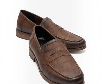 Mens Handmade Penny Loafers | Brown Faux Nubuck Slip On Shoes | Vegan Leather Dress Shoes | Old Money Moccasins | Classic Groom Footwear