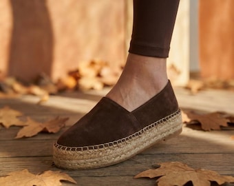 Brown Suede Jute Espadrilles | Women's Slip On Flats | Leather Lined Autumn Shoes | Comfortable Platform Loafers